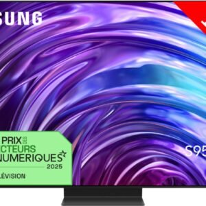 Le SAMSUNG TQ65S95D offre une expérience visuelle immersive avec son écran OLED vibrant de 163 cm, présentant des teintes violettes et bleues tourbillonnantes envoûtantes.