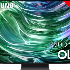 Le téléviseur OLED Samsung TQ77S90D, qui fait partie de la série S90D 2024, dispose d'un superbe écran de 194 cm avec un motif tourbillonnant vert.