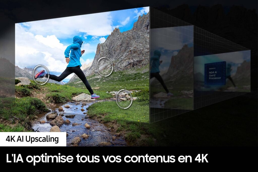La course en extérieur est améliorée avec le SAMSUNG TQ77S90D, qui utilise la mise à l'échelle 4K AI pour améliorer parfaitement la qualité de l'image, même avec une superposition de texte français.