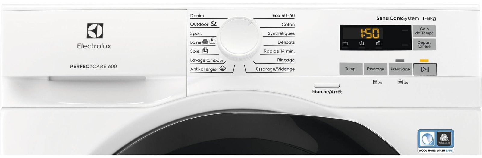 Vue de face de la machine à laver blanche ELECTROLUX EW6F5814BA, mettant en valeur son panneau de commande et sa porte élégants.