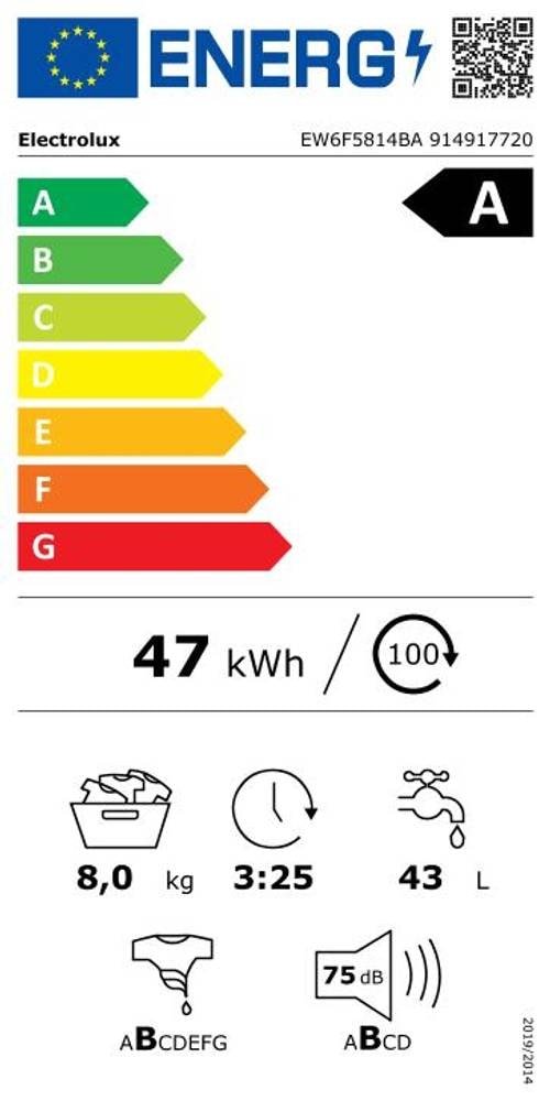 Le lave-linge ELECTROLUX EW6F5814BA est classé A en termes d'étiquette énergétique et consomme 47 kWh pour 100 utilisations. Il a une capacité de charge de 8 kg, une durée de cycle de 3 heures et 25 minutes, consomme 43 litres d'eau par cycle et fonctionne à un niveau sonore de 75 dB.