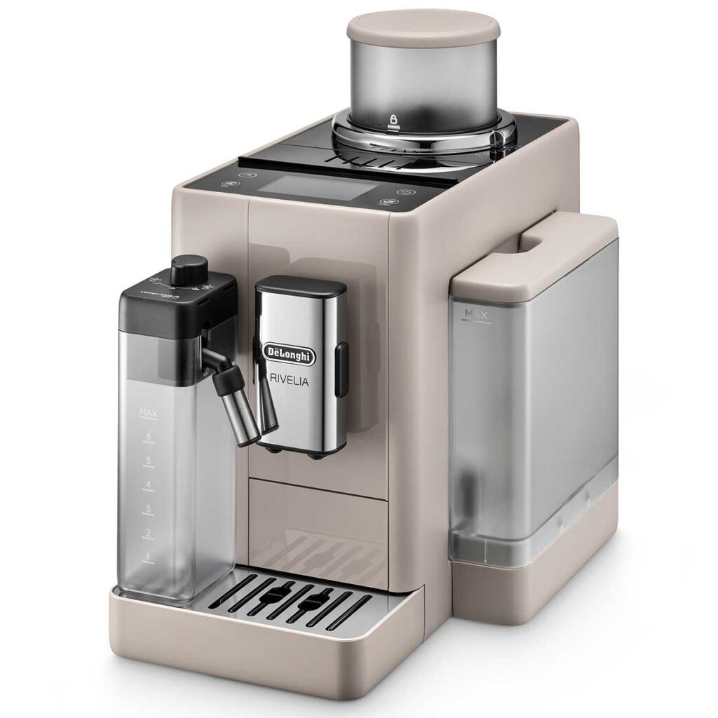 La DELONGHI FEB4455.BG est une machine à expresso élégante et moderne avec un mousseur à lait et un réservoir d'eau amovible.