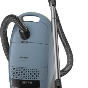 L'aspirateur Miele GUARD M1 FLEX est un aspirateur bleu et noir avec un tuyau flexible et une baguette réglable.