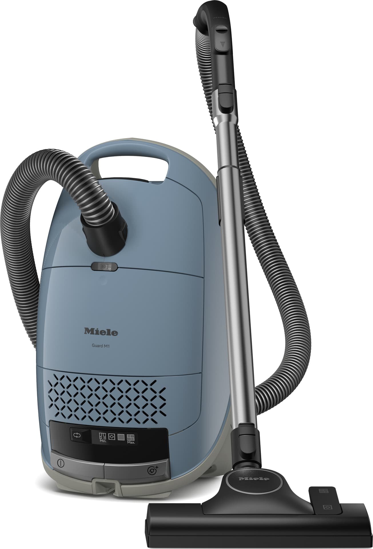 L'aspirateur Miele GUARD M1 FLEX est un aspirateur bleu et noir avec un tuyau flexible et une baguette réglable.