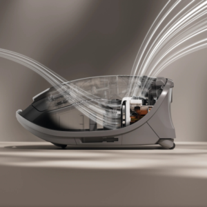 Le purificateur d'air Miele GUARD M1 FLEX fonctionne avec une efficacité élégante, avec un design futuriste et des lignes de flux d'air visibles.