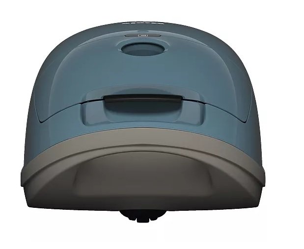 Avec son design élégant bleu et gris, l'aspirateur robot Miele GUARD M1 FLEX est élégamment vu de côté.