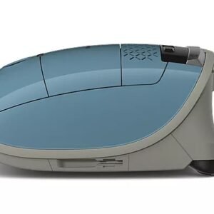 Vue latérale de l'aspirateur Miele GUARD M1 FLEX bleu et gris sur fond blanc.