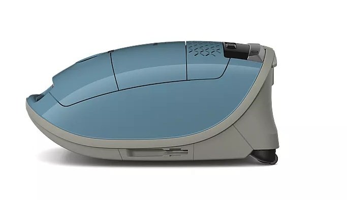Vue latérale de l'aspirateur Miele GUARD M1 FLEX bleu et gris sur fond blanc.