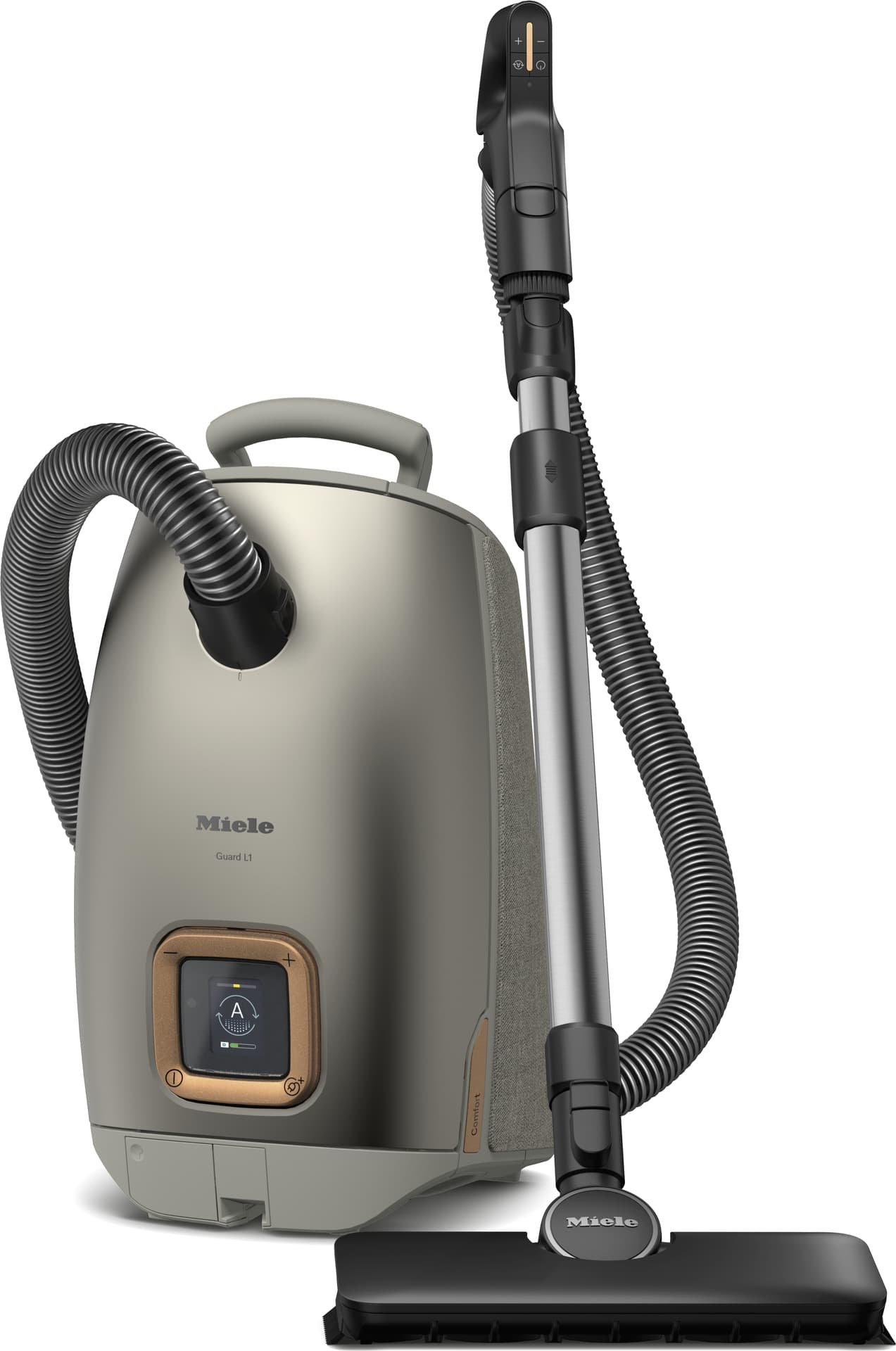 Le Miele GUARD L1 COMFORT présente un design élégant avec un tuyau et une tête de fixation à l'avant, améliorant la facilité d'utilisation et un confort exceptionnel.