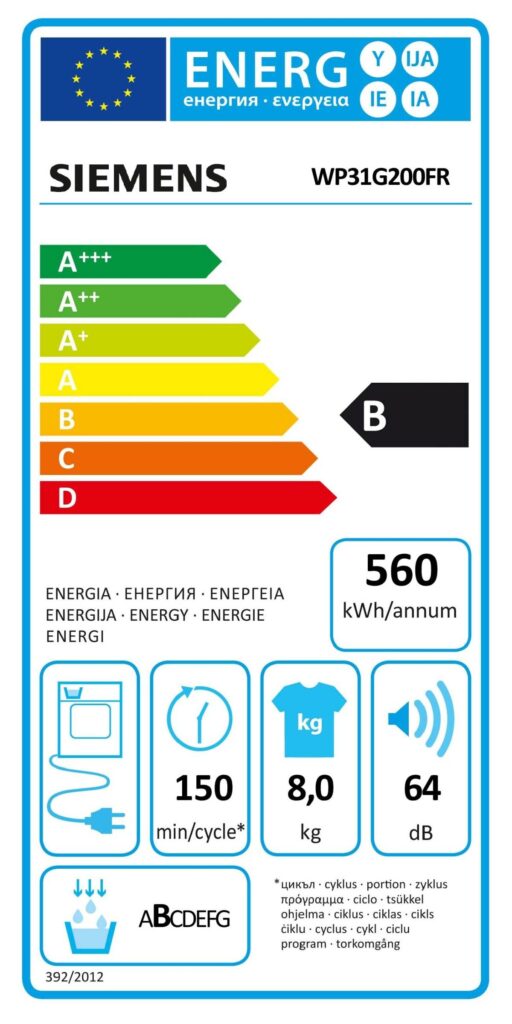 L'appareil SIEMENS WP31G200FR bénéficie d'une étiquette énergétique B, avec une consommation annuelle de 560 kWh. Il a une capacité de 8 kg et fonctionne à un niveau sonore de 64 dB. Chaque cycle dure 150 minutes, ce qui en fait une option efficace pour les besoins de votre maison.