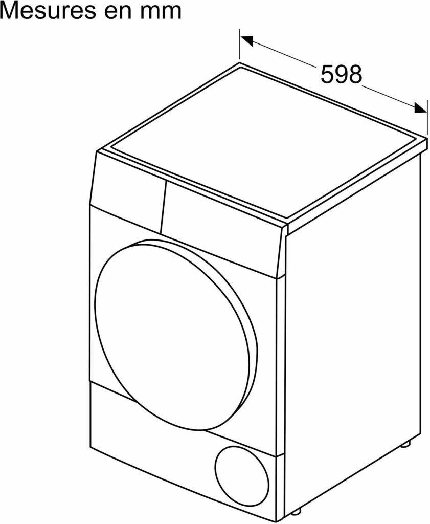 Dessin au trait d'une machine à laver SIEMENS, modèle WP31G200FR, affichant les mesures en millimètres et illustrant une largeur exacte de 598 mm.