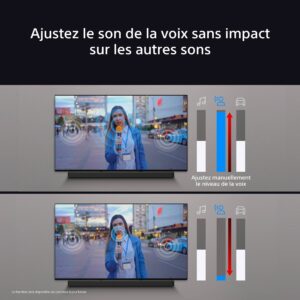 Un écran de télévision BRAVIA présente la fonction de réglage de la voix, avec des icônes de contrôle de l'équilibre soigneusement disposées à côté d'une personne parlant dans un microphone, améliorant ainsi votre expérience SONY HTA8000 BRAVIA THEATER BAR 8.