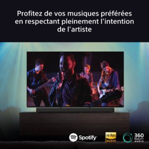 Un groupe de musique joue sur l'écran du téléviseur, entouré de logos de services musicaux et de textes en français célébrant la joie authentique de la musique. Avec la barre de son BRAVIA THEATER BAR 8 HTA8000 de SONY, vous pouvez améliorer votre expérience pour avoir l'impression d'être là avec eux.