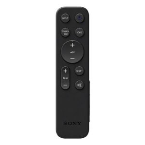 La télécommande de la barre de son SONY HTA9000 BRAVIA THEATRE BAR 9 comprend des boutons pour l'entrée, le volume, les réglages du champ sonore, les commandes vocales, le mode nuit et l'alimentation.