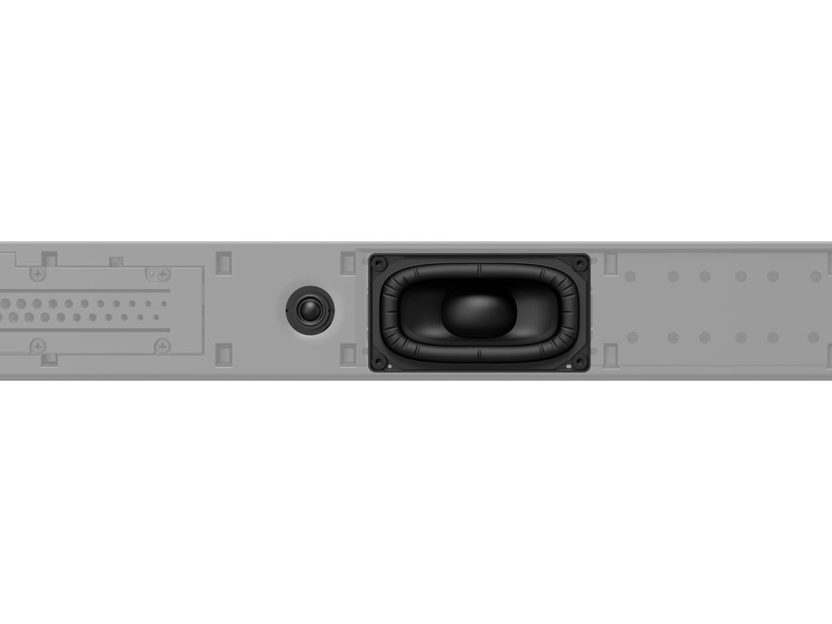 Gros plan de l'intérieur de la barre de son SONY HTA9000 BRAVIA THEATRE BAR 9, qui révèle un haut-parleur, un tweeter et des circuits complexes. Soigneusement conçue pour un voyage audio immersif.