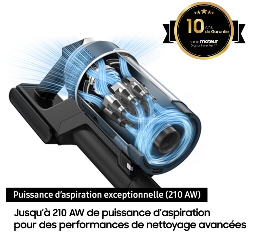 L'aspirateur SAMSUNG VS20C85G4TB présente un design transparent qui met en valeur sa dynamique de flux d'air, avec un texte français soulignant sa remarquable puissance d'aspiration, ainsi qu'un badge indiquant une garantie de 10 ans.