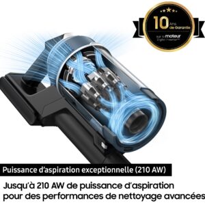 L'aspirateur SAMSUNG VS20C85G4TB présente un design transparent qui met en valeur sa dynamique de flux d'air, avec un texte français soulignant sa remarquable puissance d'aspiration, ainsi qu'un badge indiquant une garantie de 10 ans.