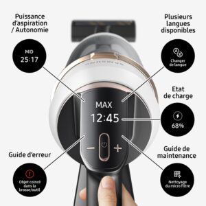 Gros plan de l'écran de contrôle de l'aspirateur SAMSUNG VS20C85G4TB, présentant diverses instructions et paramètres en français.