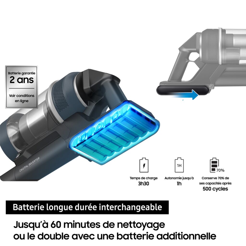 L'aspirateur sans fil SAMSUNG VS20C85G4TB est doté d'une batterie amovible avec informations de charge, renforcée par un indicateur LED bleu.