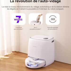 L'aspirateur robot NARWAL FREO X ULTRA comprend une station de vidage automatique avec un sac à poussière jetable ULTRA-efficace, offrant des avantages hypoallergéniques et jusqu'à 7 semaines de nettoyage sans entretien.