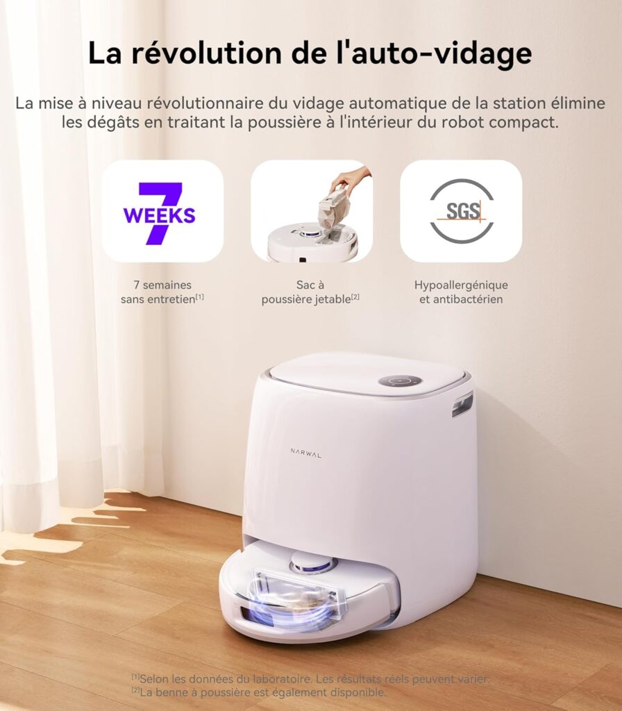 L'aspirateur robot NARWAL FREO X ULTRA comprend une station de vidage automatique avec un sac à poussière jetable ULTRA-efficace, offrant des avantages hypoallergéniques et jusqu'à 7 semaines de nettoyage sans entretien.