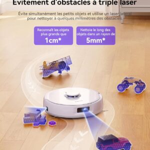 L'aspirateur robot NARWAL FREO X ULTRA utilise de manière experte l'évitement d'obstacles par triple laser pour naviguer autour des petites voitures sur un plancher en bois.