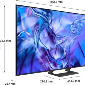 Le SAMSUNG TU55DU8575 est un grand téléviseur à écran plat doté d'un écran bleu et violet abstrait vibrant, conçu de manière experte avec des dimensions en millimètres.