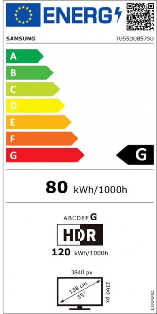 Le téléviseur SAMSUNG TU55DU8575 dispose d'une résolution de 3840p sur un écran de 55", a une cote énergétique G et consomme 80 kWh toutes les 1000 heures, augmentant à 120 kWh lors de l'utilisation du HDR.