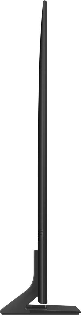 Vue latérale du téléviseur intelligent mince SAMSUNG TU55DU8575 sur un support sur fond blanc.