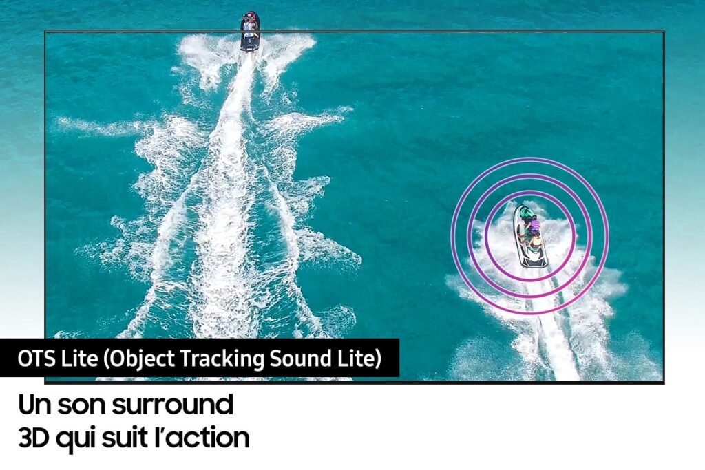 Deux jet-skis sillonnent l'eau turquoise tandis que les ondes sonores mettent en valeur le son surround immersif d'un téléviseur SAMSUNG TU55DU8575.