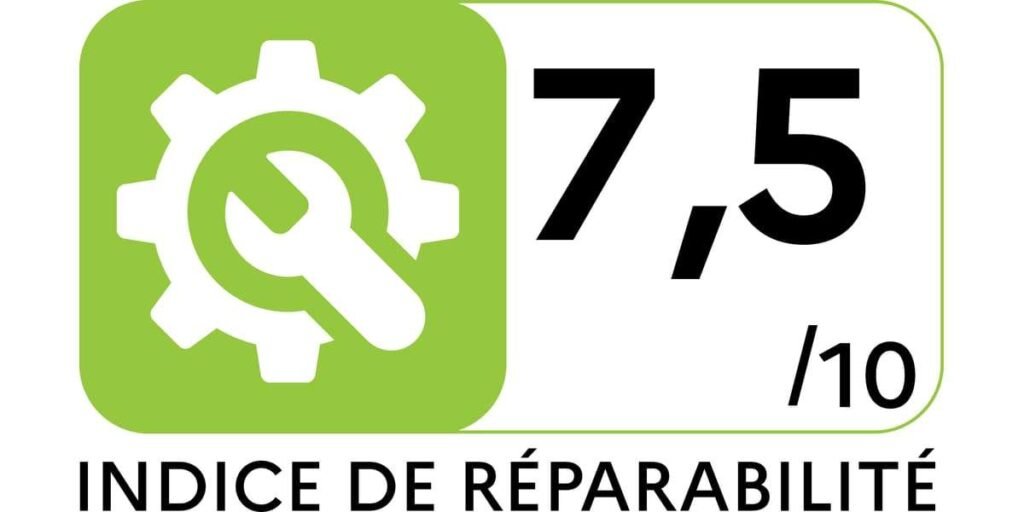 Le téléviseur SAMSUNG TU65DU8575 dispose d'une étiquette d'indice de réparabilité en vert et blanc avec un score de 7,5/10, comportant une icône d'engrenage et de clé.