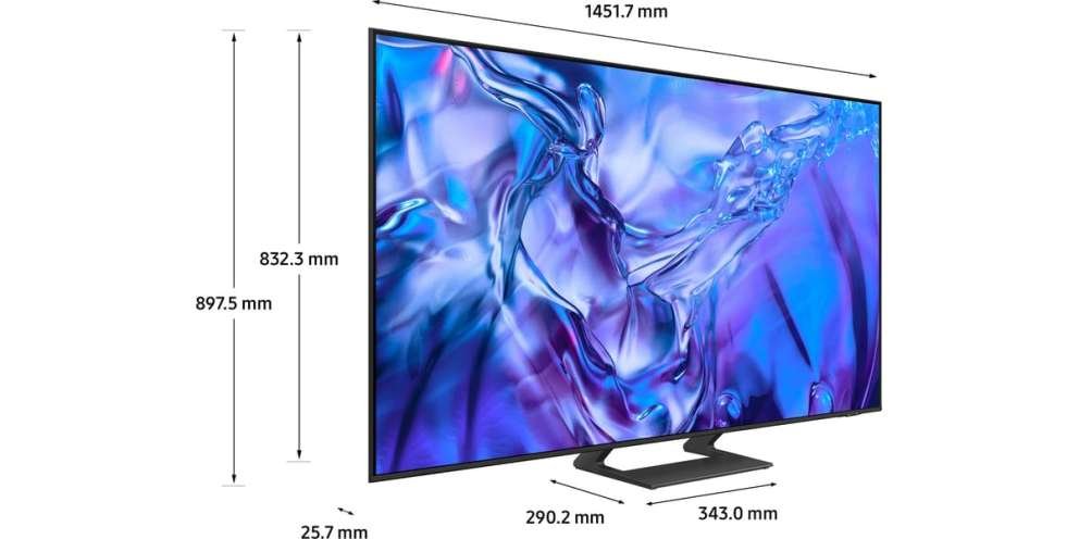 Profitez des images éclatantes du téléviseur grand écran SAMSUNG TU65DU8575, doté d'un écran abstrait bleu saisissant. Avec des dimensions de 1451,7 mm de largeur, 832,3 mm de hauteur et 290,2 mm de profondeur (avec support), il complète parfaitement n'importe quel espace de vie.