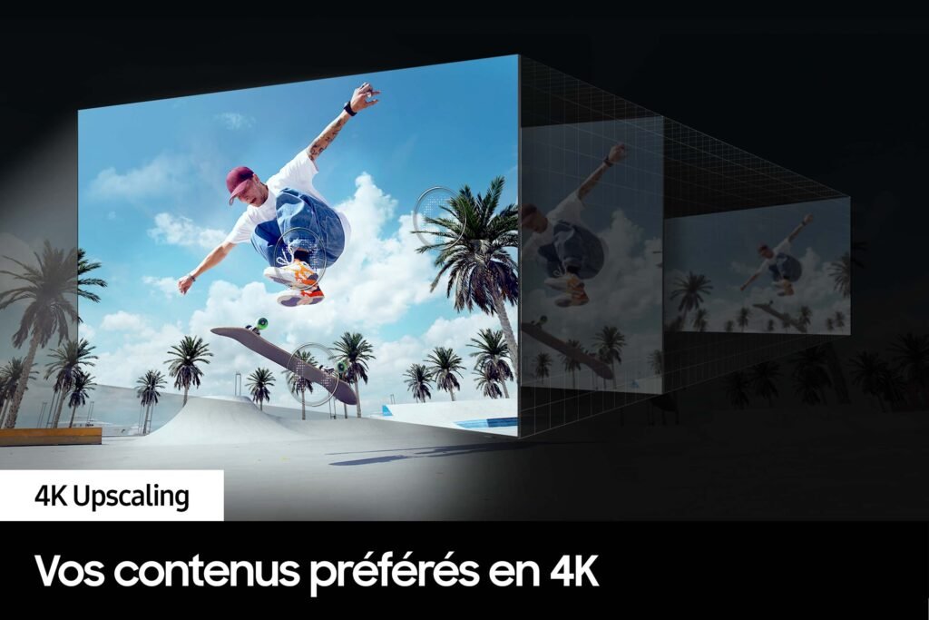 Un skateur volant dans les airs avec des palmiers derrière. Texte : « Transformez votre contenu préféré en 4K avec le SAMSUNG TU65DU8575.