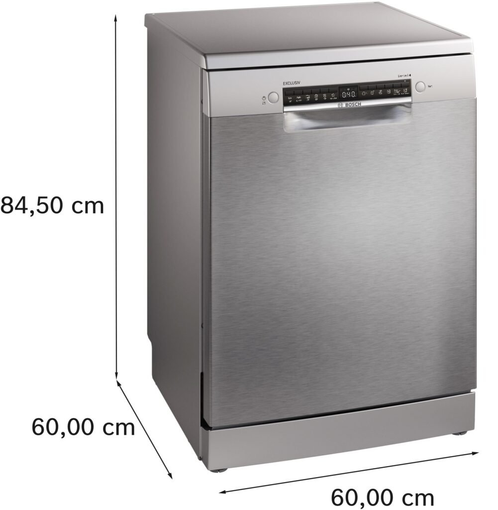 Découvrez le BOSCH SMS4ELI06F, un lave-vaisselle élégant en acier inoxydable mesurant 84,5 cm de hauteur, 60 cm de largeur et 60 cm de profondeur.