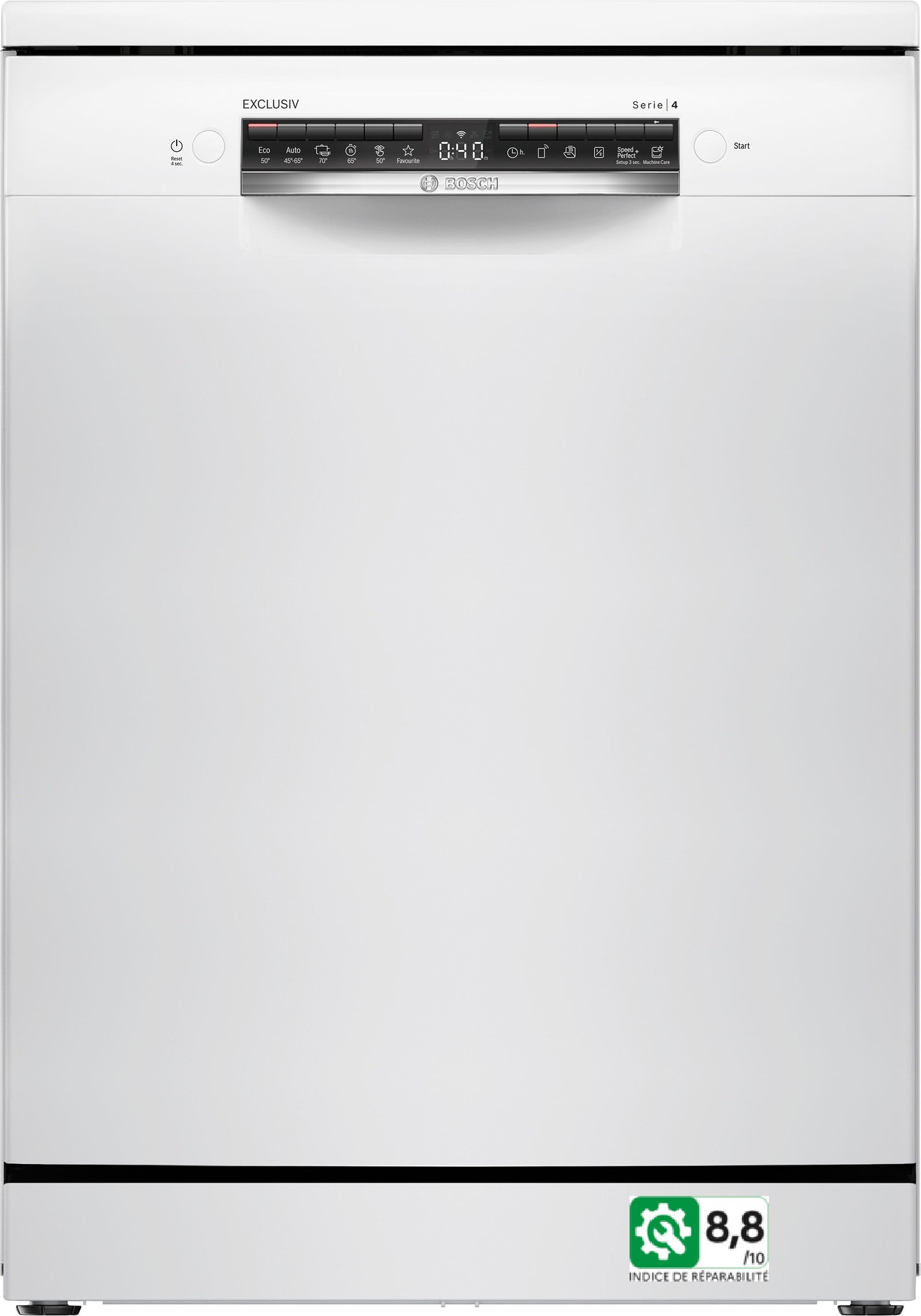 Le BOSCH SMS24EUW00F est un lave-vaisselle blanc doté d'un affichage numérique et de boutons en façade, affichant un indice de réparabilité de 8,8.