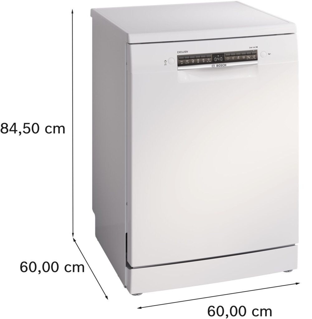 Le lave-vaisselle BOSCH SMS24EUW00F présente un design blanc élégant avec un panneau de commande intuitif, vu en perspective. Dimensions : 84,5 x 60 x 60 cm.