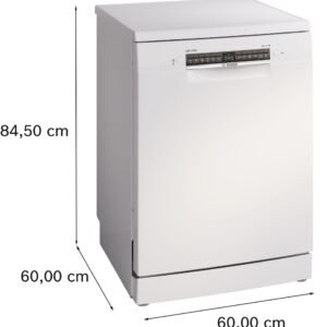 Le lave-vaisselle BOSCH SMS24EUW00F présente un design blanc élégant avec un panneau de commande intuitif, vu en perspective. Dimensions : 84,5 x 60 x 60 cm.