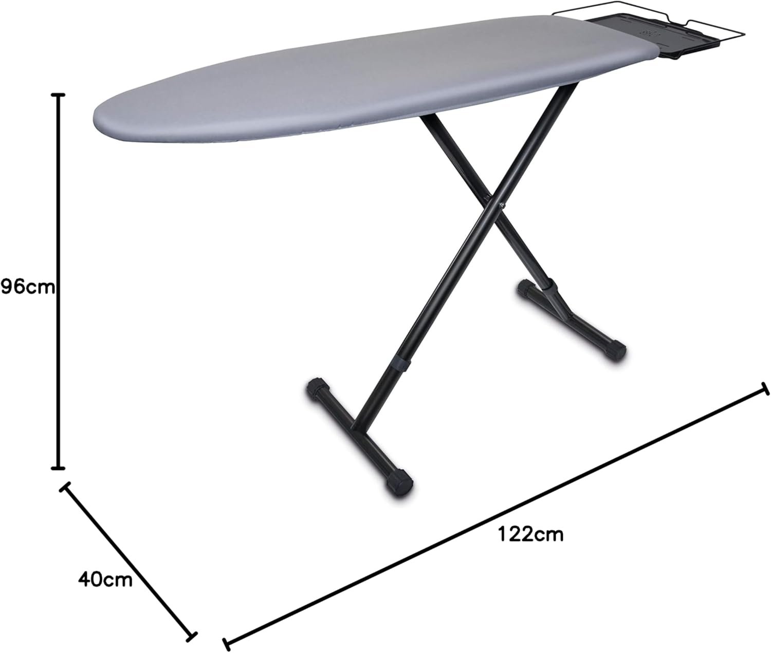 La planche à repasser BRAUN IB3001BK a une surface grise élégante avec des pieds noirs robustes et des dimensions de 96 cm de hauteur, 122 cm de longueur et 40 cm de largeur.
