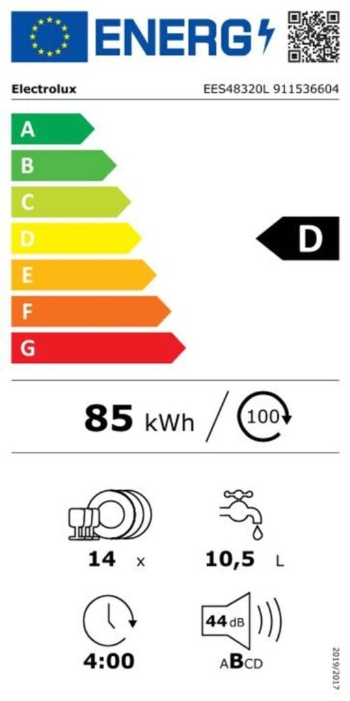 Le lave-vaisselle ELECTROLUX EES48320L est doté d'une classe énergétique « D », consommant 85 kWh par 14 cycles. Il n'utilise que 10,5 L d'eau par cycle de 4 heures et fonctionne à un niveau sonore de 44 dB.