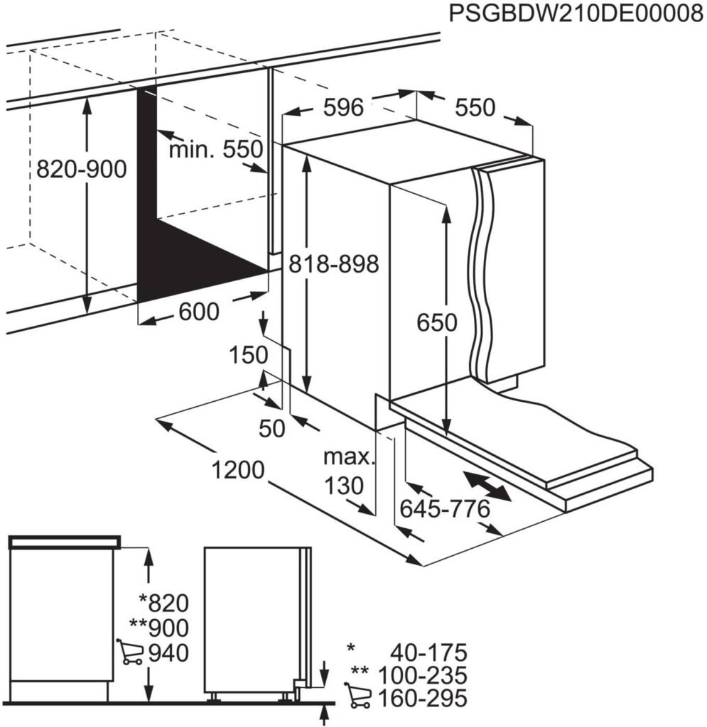 Schéma illustrant les dimensions d'installation de l'ELECTROLUX EES48320L, y compris les mesures et les dégagements étiquetés.