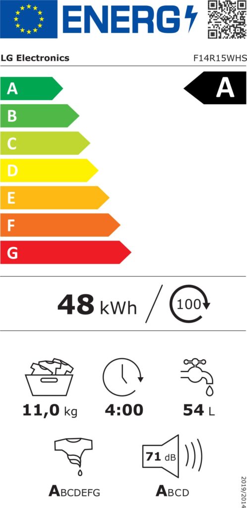 L'appareil LG F14R15WH a une étiquette énergétique A, consomme 48 kWh, fonctionne 100 cycles avec une charge de 11 kg, prend 4:00 heures par cycle, utilise 54 L d'eau et émet un bruit à 71 dB.