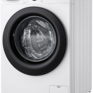 Vue de face du LG F14R15WH, un lave-linge blanc moderne doté d'un affichage numérique et d'une porte circulaire noire.