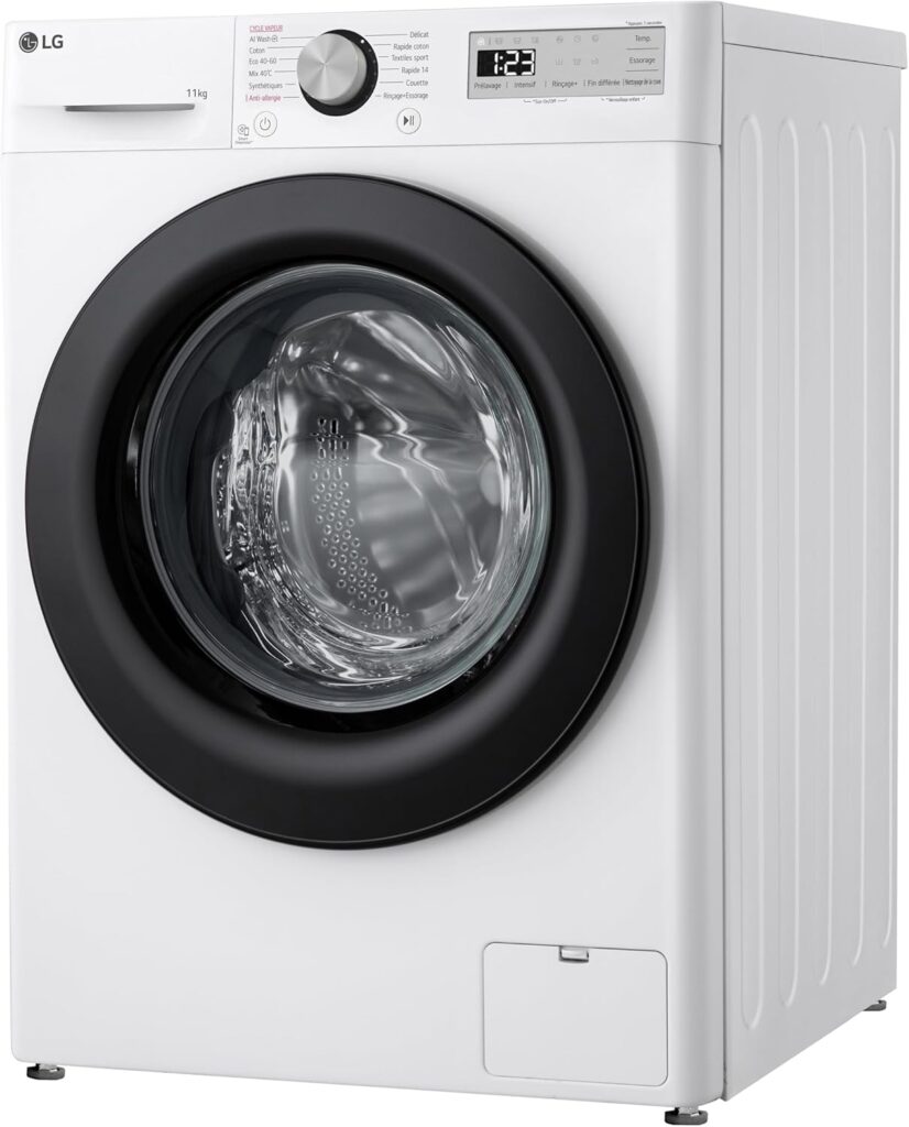 Vue de face du LG F14R15WH, un lave-linge blanc moderne doté d'un affichage numérique et d'une porte circulaire noire.