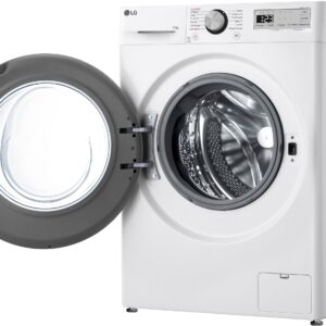 Lave-linge à chargement frontal LG F14R15WH avec la porte ouverte, révélant le tambour à l'intérieur.