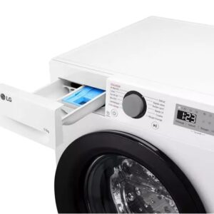 Lave-linge LG F14R15WH blanc avec tiroir à lessive et panneau de commande visibles.