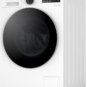 Vue de face du LG F20P12WST (Copie), un appareil électroménager élégant avec un design blanc, un écran numérique et une porte ronde noire.