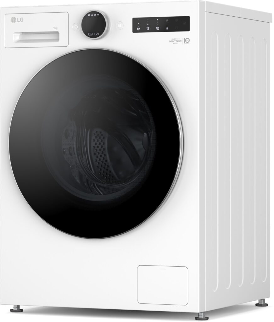 Vue de face du LG F20P12WST (Copie), un appareil électroménager élégant avec un design blanc, un écran numérique et une porte ronde noire.