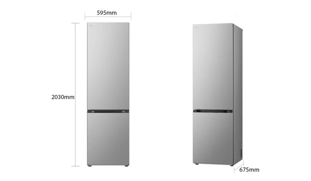 Le réfrigérateur LG GBV5240APY présente un design élégant et argenté avec un congélateur inférieur. Il offre deux vues de son extérieur haut et mesure 2030 mm (H) x 595 mm (L) x 675 mm (P).