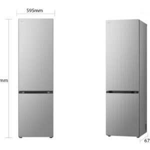 Le réfrigérateur LG GBV5240APY présente un design élégant et argenté avec un congélateur inférieur. Il offre deux vues de son extérieur haut et mesure 2030 mm (H) x 595 mm (L) x 675 mm (P).