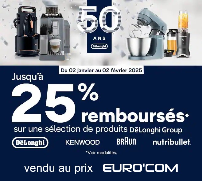 Découvrez les dernières nouveautés en matière d'électroménagers de cuisine avec les marques du groupe DēLonghi et bénéficiez d'un cashback allant jusqu'à 25 %. Transformez votre maison en un café robot gourmet avec nos produits innovants. Adoptez la qualité et le style : c'est remboursé avec DELONGHI !.